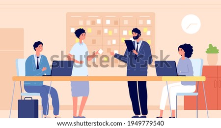 Planning office meeting. Team presentation, working business seminar or project. Work plan schedule, staff discussion utter vector concept