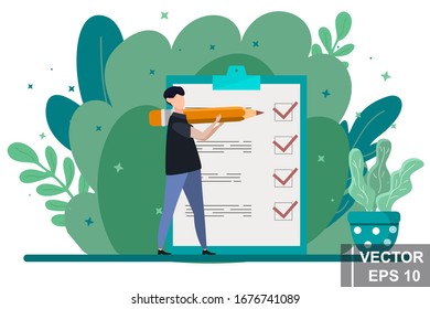 Planning on the calendar. Date. A man takes notes. Vector illustration.