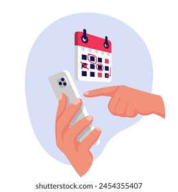 Planning on smartphone. Mark calendar. Phone in hands of a businessman with the plan for month. Organizer. Vector illustration. Flat design style.