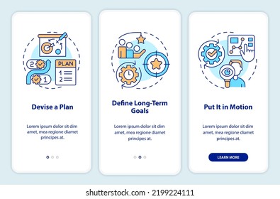 Planeando la pantalla de aplicación móvil en el embarque. Recorrido de estrategia comercial 3 pasos instrucciones gráficas editables con conceptos lineales. UI, UX, plantilla GUI. Multitud de tipos de letra Pro-Bold, con uso regular