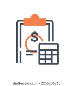 Icono de planeamiento naranja. Calculadora sobre el fondo del documento con dólares, presupuesto para empresa u organización, análisis de gastos e ingresos. Afiche o pancarta. Dibujo vectorial plano de dibujos animados