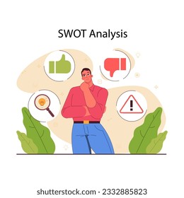 Planning and organization. Character planning and making a decision with a swot analysis. Time table organization, strengths, weaknesses, opportunities and threats. Flat vector illustration