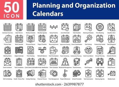 Planning and Organization Collection of Icons with Outline Style Containing: Calendar Overview  ,Daily Planner  ,Weekly Schedule  ,Monthly Agenda  ,Yearly Timeline  ,Event Reminder  ,Task Checklist  