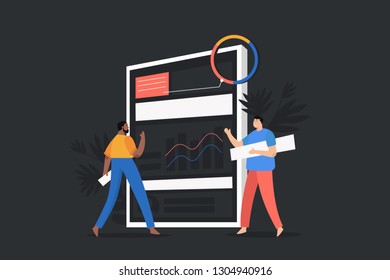 Planning and organization concept banner with characters. Two men make plan.Presentation business strategy performance concept.  Flat isometric vector illustration