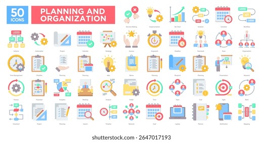 Planning And Organization icon collection set. Simple flat color vector style icons pack. Vector illustration.
