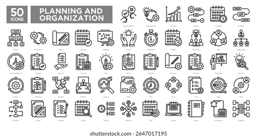 Planning And Organization icon collection set. Simple line art vector style icons pack. Vector illustration.