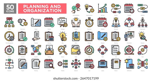 Planning And Organization icon collection set. Simple lineal color vector style icons pack. Vector illustration.