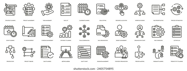 Planning And Organization icon line set vector illustration. Strategic Planning, Project Management, Time Management, Task List, Calendar Planning, Goal Setting