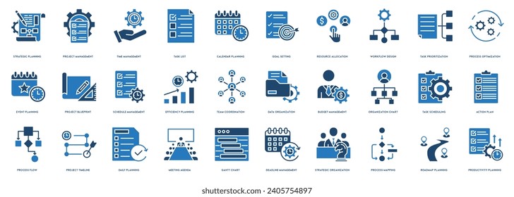 Planning And Organization icon line set vector illustration. Strategic Planning, Project Management, Time Management, Task List, Calendar Planning, Goal Setting