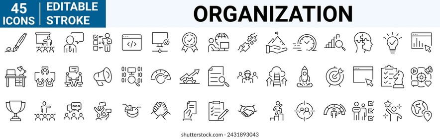 Iconos web de la línea de planificación y organización. Dirección de Empresas, Reunión, Conferencia. Ilustración vectorial. Icono de Esquema. Trazo editable.