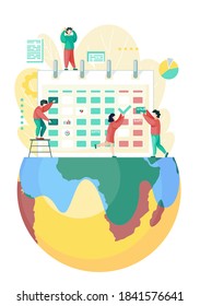 Planning and organization of tasks on board calendar. Group of tiny business people make plan. Characters are developing a schedule, making charts standing on the globe flat vector illustration