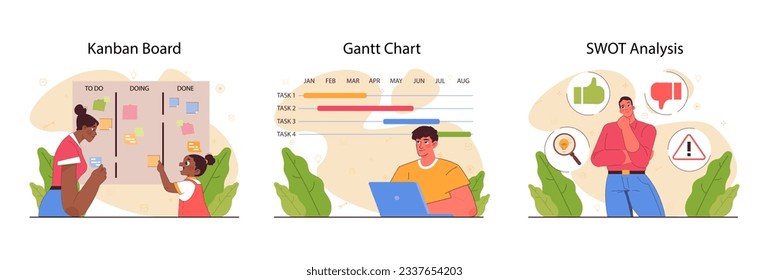 Planning and organization of tasks on board set. Character planning or checking task, appointment or assignment in a planner.