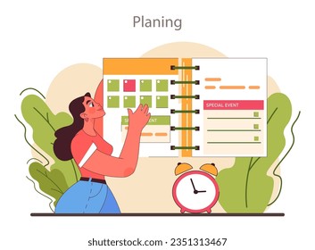 Planning and organization of tasks on board. Character planning or checking task, appointment or assignment in a planner. Time table organization for performance efficiency. Flat vector illustration