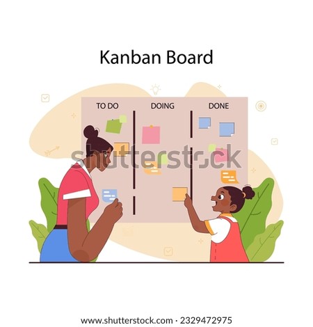 Planning and organization of tasks on a kanban board. Family to do list, in progress task and finished one. Characters review house chores progress. Flat vector illustration