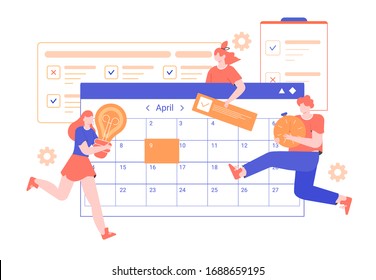 Planning and organization of teamwork. Characters with a light bulb, a timer, a completed task next to a large calendar and to do list. Brainstorm and deadlines. Vector flat illustration.