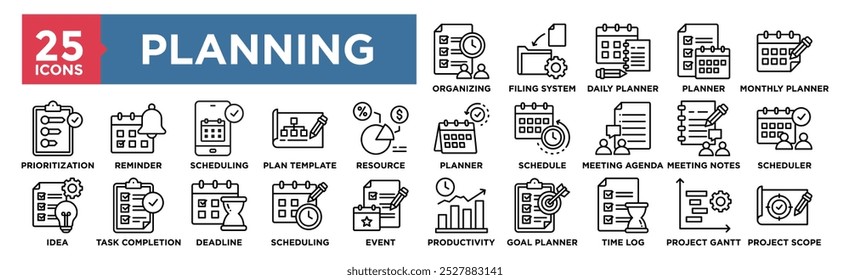 Planning and Organizing icon collection set. Containing design office, business, plan, management, schedule, calendar