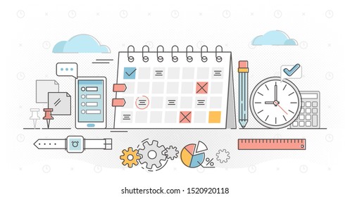 Planning Outline Concept Vector Illustration. Schedule Calendar System To Organize Daily Routine. Time Management Chart Graphic To Structure Deadline Meetings, Agenda Or Appointments. Daily Task List.