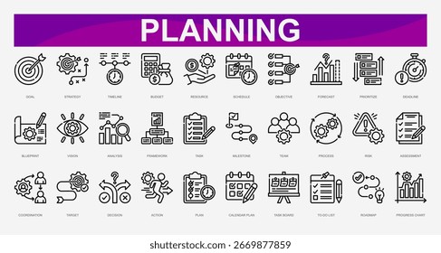 Conjunto de iconos de esquema de planificación. Ilustración vectorial.Objetivo, Estrategia, Calendario, Presupuesto, Recurso, Calendario, Objetivo, Previsión, Priorizar, Fecha límite. Ilustración vectorial