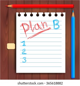 Planning and paragraphs on paper, red, blue pencils on the table