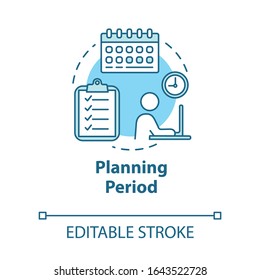 Planning period concept icon. Self-building businessman. Goal progress, education. Scheduling work idea thin line illustration. Vector isolated outline RGB color drawing. Editable stroke