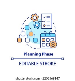 Planning phase concept icon. Build work strategy. Project management abstract idea thin line illustration. Isolated outline drawing. Editable stroke. Arial, Myriad Pro-Bold fonts used