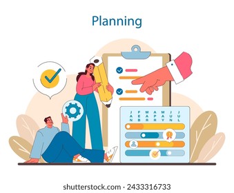 Fase de planificación en la gestión de proyectos de TI. Descripción detallada de la programación estratégica, la priorización de tareas y la asignación de recursos para plazos de proyectos satisfactorios. Ilustración vectorial plana.