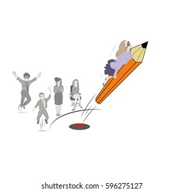 Planning potential business concept as a business woman guiding a giant yellow pencil. Concept realization of the idea. vector illustration.