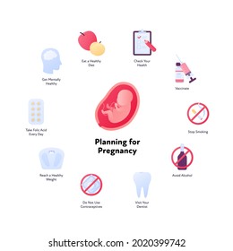 Planning for pregnancy concept. Vector flat color icon illustration set. Step to baby infographic. Fetus in womb symbol. Design element