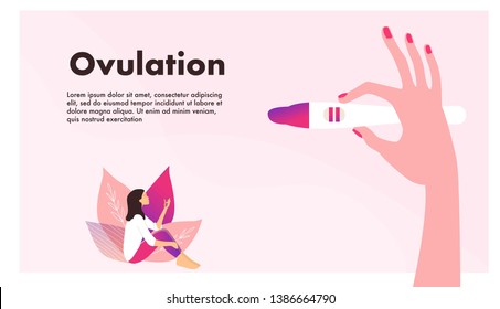 Planning of pregnancy. Hand holding ovulation or pregnancy test vector illustration. Pink color. Female reproductive, fertility or hormone health concept. Template for banner, website, ad