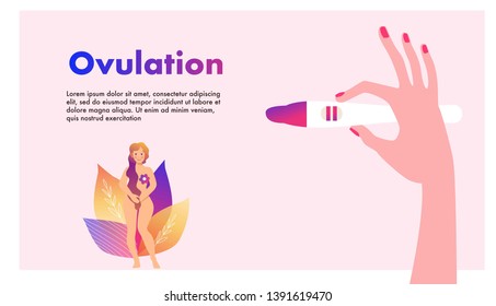 Planning of pregnancy. Hand holding ovulation or pregnancy test vector illustration. Pink color. Female reproductive, fertility or hormone health concept. Template for banner, website, ad