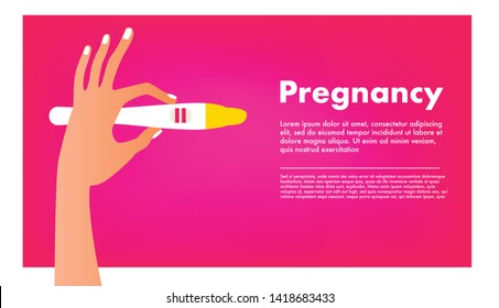 Planning of pregnancy. Hand holding ovulation or pregnancy test vector illustration. Pink color. Female reproductive, fertility or hormone health concept. Template for banner, website, ad.
