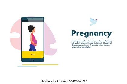 Planning of pregnancy. Mobile application with active pregnant woman on the screen vector illustration. Female reproductive, fertility or hormone health concept. Template for banner, website, ad.