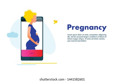 Planning of pregnancy. Mobile application with active pregnant woman on the screen vector illustration. Female reproductive, fertility or hormone health concept. Template for banner, website, ad.