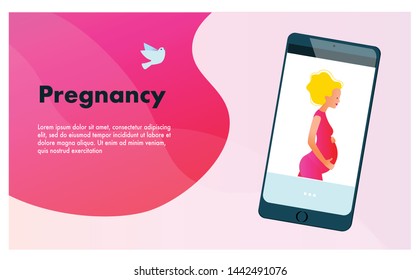 Planning of pregnancy. Mobile application with active pregnant woman on the screen vector illustration. Female reproductive, fertility or hormone health concept. Template for banner, website, ad.