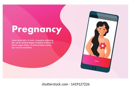 Planning of pregnancy. Mobile application with pregnant woman on the screen vector illustration. Female reproductive, fertility or hormone health concept. Template for banner, website, ad.
