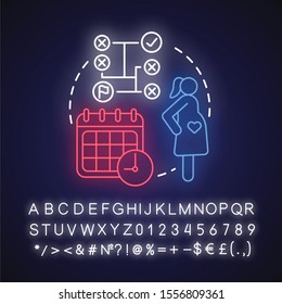Planning and preparing for pregnancy neon light concept icon. Future mother idea. Calendar method, ovulation. Glowing sign with alphabet, numbers and symbols. Vector isolated illustration