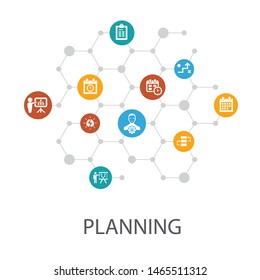 planning presentation template, cover layout and infographics calendar, schedule, timetable, Action Plan icons