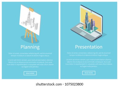 Planning and presentation, web site with text sample and lettering, board and buildings isolated on vector illustration