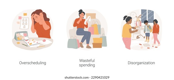 Planning problems isolated cartoon vector illustration set. Overscheduling, too many to dos, busy family schedule, wasteful spending, shocked with bills, disorganization, being late vector cartoon.