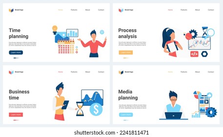 Planning process analysis, business time management, online media content plan set vector illustration. Cartoon busy tiny people work with schedule organizer to control and plan countdown to goals