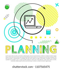 Planning process colorful vector illustration with geometrical decorations isolated on white backdrop, laptop logo with growing arrow, text sample