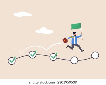 Concepto de planificación o productividad. Gestión de proyectos, seguimiento de tareas o progreso del trabajo, seguimiento de tareas terminadas o completadas. Casilla de verificación Empresario que ejecuta el gestor de proyectos cuando está completado para alcanzar el objetivo.