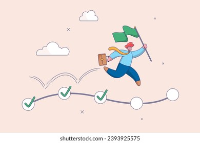 Planning or productivity concept. Project management, task tracking or work progress, tracking finish or completed tasks. Businessman project manager running on completed checkbox to reach goal.