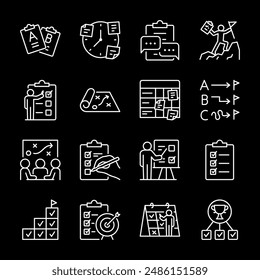 Planning and productivity, white line icons. Step-by-step goal achievement, checklists, task prioritization. Essential for business, personal development visuals. black background. Editable stroke.