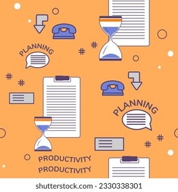 Planning and productivity at work, efficiency and usefulness. Meeting deadlines and working with schedules. Taking notes and calls. Seamless pattern, background print or wallpaper. Vector in flat