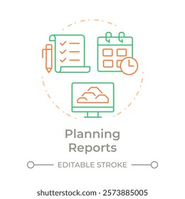 Planning reports duo tone concept icon. Future manufacturing activities scheduling strategy. MRP output. Round two color outline illustration. Abstract vector design. Easy to use in booklet