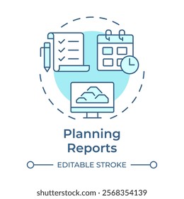 Planning reports soft blue concept icon. Future manufacturing activities scheduling strategy. MRP output. Round shape line illustration. Abstract idea. Graphic design. Easy to use in booklet
