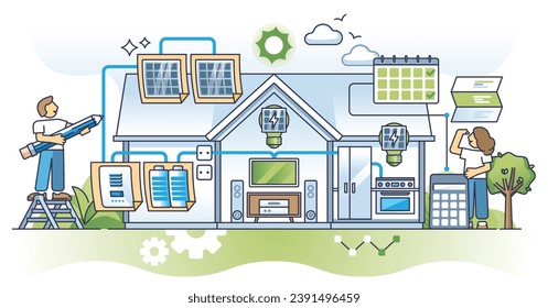 Planificación de sistemas de energía solar para viviendas residenciales con diseño de contorno de instalación de paneles solares. Proyecto de energía alternativa y renovable para con almacenamiento de electricidad e ilustración de vectores de uso inteligente.