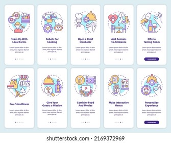 Planning restaurant business onboarding mobile app screen set. Walkthrough 5 steps editable graphic instructions with linear concepts. UI, UX, GUI template. Myriad Pro-Bold, Regular fonts used