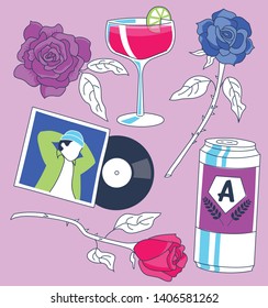 Planning for a romantic date-night at home with beer, cocktails, cut roses, and r&b music record. Suitable for dating app, blog, valentines day, fashion, millennial, lifestyle, arts and culture, music